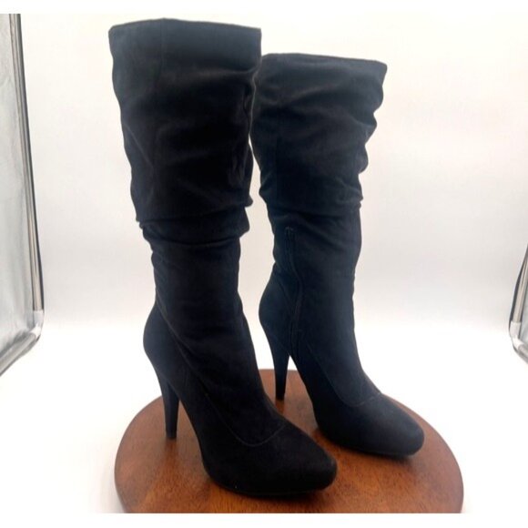 Elle Black Suede Pointed Toe Slouchy Heeled Mid-Calf Boots Size 6M Whimsigoth - Picture 2 of 14